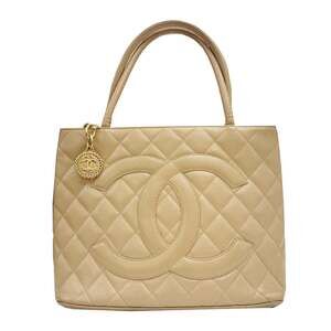 CHANEL Cream Caviar Leather Logo Tote Bag